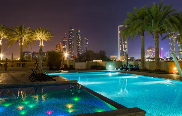 Город, огни, вечер, бассейн, Abu Dhabi, ОАЭ