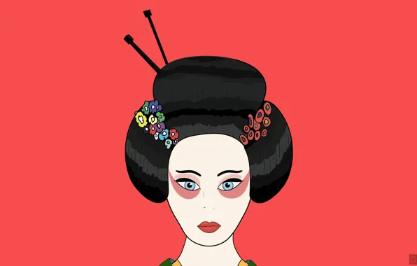 Картинка красный, минимализм, цветы, гейша, кимоно, Япония, волосы, рисунок, губы