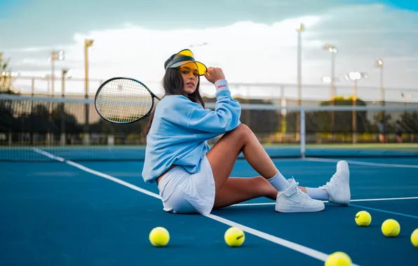 Картинка girl, balls, tennis, sports, racket, tennis player