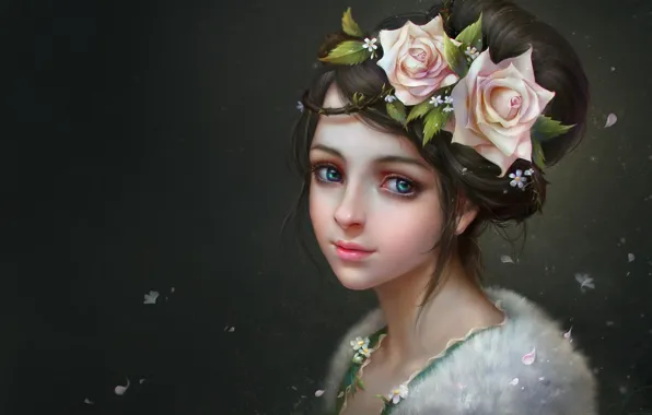 Картинка девушка, цветы, фон, розы, арт, мех