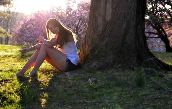 Девушка, свет, деревья, настроение, тень