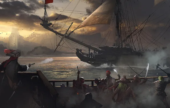Картинка море, вода, корабль, пираты, захват, залп, сабли, мушкеты