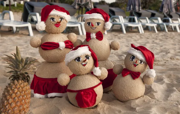 Картинка песок, пляж, Рождество, снеговики, Christmas, beach, sand, New Year