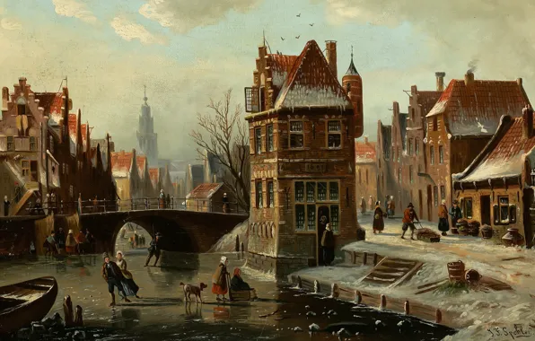 Dutch painter, голландский художник, oil on canvas, Johannes Franciscus Spohler, Сцена на канале с фигуристами, …