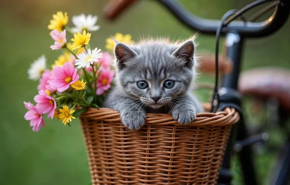 Кошка, лето, взгляд, цветы, велосипед, поза, котенок, серый