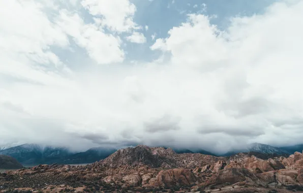 Desert, mountains, clouds, rocks