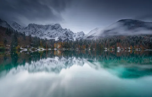 Зима, осень, лес, облака, снег, горы, природа, озеро