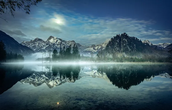 Деревья, горы, озеро, отражение, утро, Австрия, Альпы, Austria