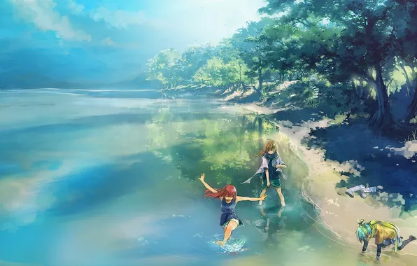 Картинка деревья, радость, озеро, девушки, арт