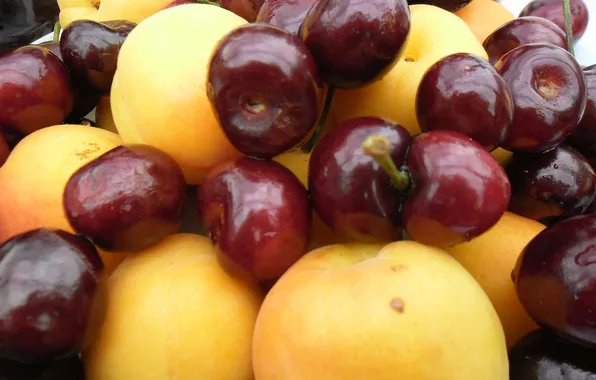 Картинка макро, красное, еда, фрукты, желтое, персики, черешня