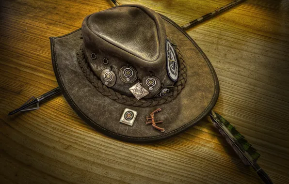 Картинка стрелы, нашивки, дикий Запад, шляпа лучника, West stetson