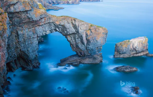 Море, скалы, арка, Уэльса, национальный парк Пембрукшир, зеленый мост Уэльса