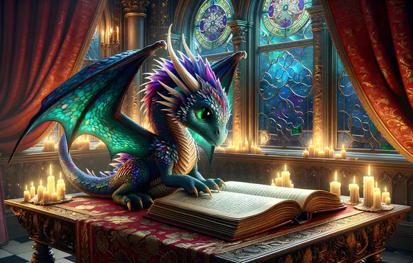 Стол, дракон, свечи, фэнтези, книга