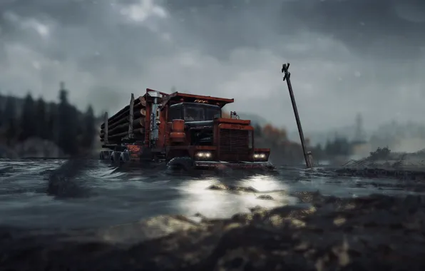 HDR, Clouds, Wood, Water, Truck, Game, Trailer, River