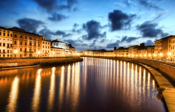 Картинка ночь, Италия, Пиза, Italy, night, River Arno, Pisa
