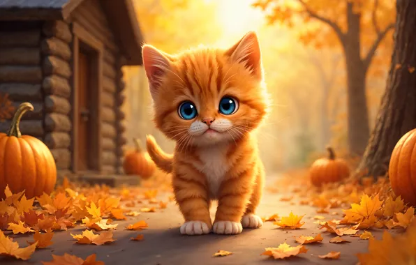 Осень, кошка, взгляд, солнце, свет, деревья, поза, дом