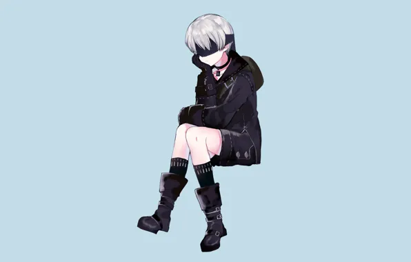 Шорты, сапоги, мальчик, куртка, гольфы, сидит, повязка на глаза, Nier Automata