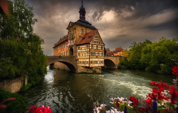 Картинка цветы, мост, река, здание, Германия, Бавария, Germany, Bamberg