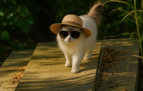 Кошка, белый, лето, кот, взгляд, свет, природа, поза