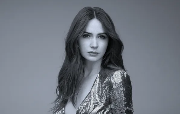 Взгляд, девушка, портрет, платье, черно-белое, Karen Gillan