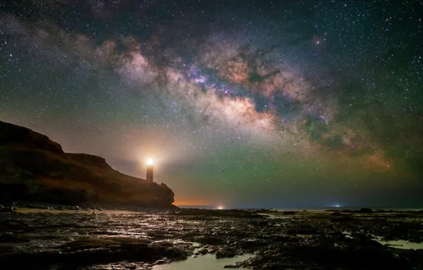 Галактика, Маяк, Испания, Galaxy, Spain, Lighthouse, Fuerteventura, Звездное небо