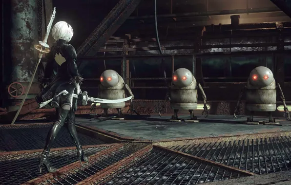 Девушка, сапоги, роботы, киборг, Nier Automata