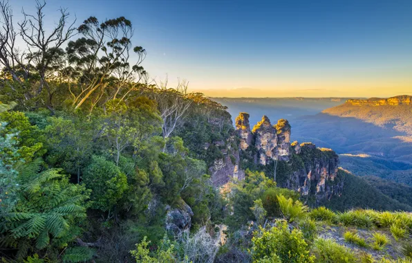 Картинка небо, закат, горы, растения, долина, горизонт, Австралия, дымка