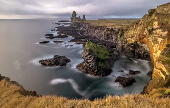 Море, обрыв, скалы, Исландия