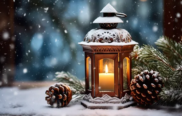 Новый Год, snow, зима, lantern, Christmas, ночь, night, decoration
