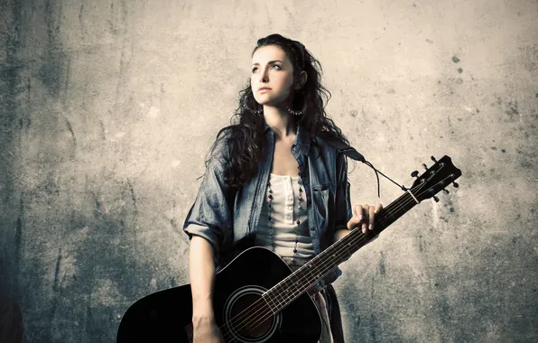 Music, girl, wall, guitar, sound, woman, young, beautiful