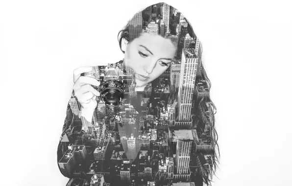 Картинка глаза, девушка, город, волосы, здания, Нью-Йорк, камера, крыши
