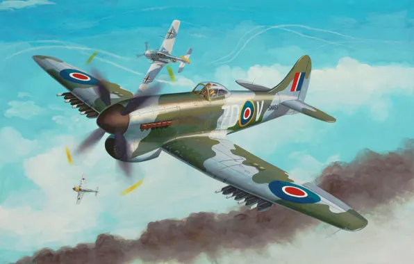 War, art, airplane, painting, aviation, ww2, Hawker Tempest Mk.V