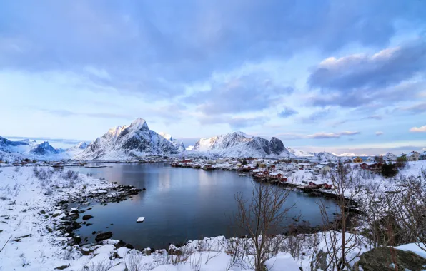 Зима, море, снег, горы, дома, Норвегия, поселок, Лофотен