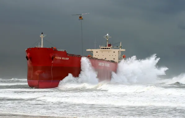 Waves, storm, beach, ocean, seascape, helicopter, seaside, ship