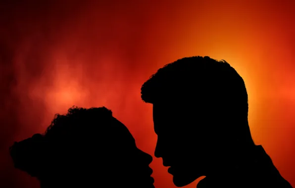 Love, sunset, romantic, scene, silhouettes