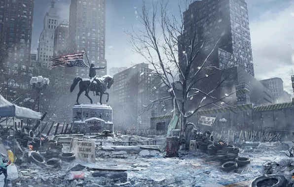 Картинка зима, снег, город, лошадь, памятник, Tom Clancy's The Division, The Division