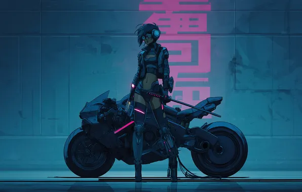 Картинка sword, headphones, motorcycle, katana, cyberpunk, women, cyborg, illustration
