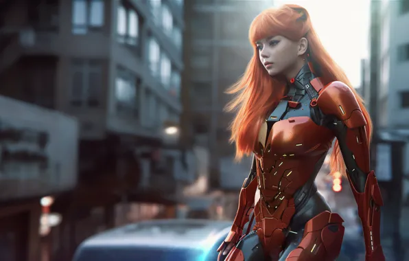 City, город, фантастика, доспехи, рыжая, armor, redhead, beautiful woman