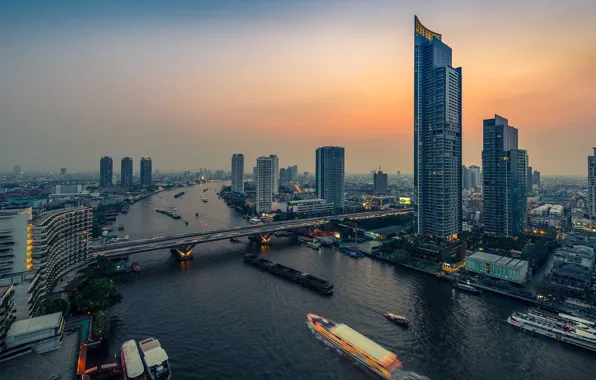 Мост, река, Тайланд, Бангкок, вид сверху