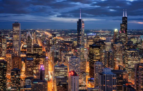 Картинка здания, дома, Чикаго, панорама, Иллинойс, ночной город, Chicago, Illinois