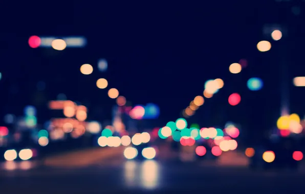 Картинка машины, ночь, город, огни, улица, боке