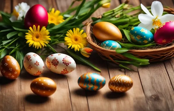 Картинка цветы, яйца, весна, colorful, Пасха, happy, flowers, spring