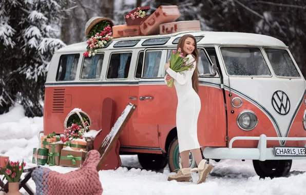 Volkswagen, trees, flowers, winter, snow, model, women, brunette