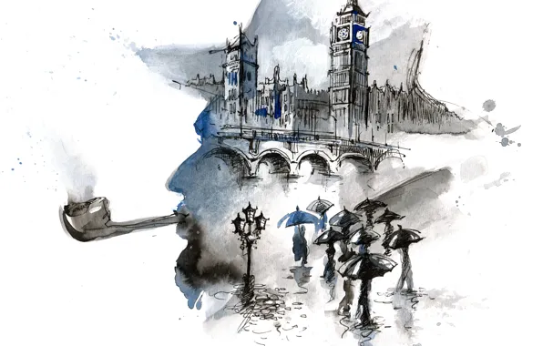 Картинка мост, люди, дождь, Лондон, зонтики, живопись, Биг бен