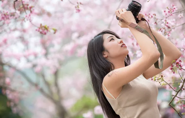 Девушка, весна, камера, азиатка, цветение, милашка