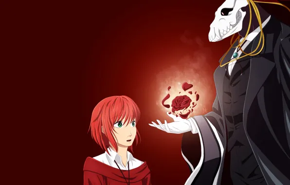 Девушка, роза, аниме, арт, чародей, красный фон, Mahou Tsukai no Yome