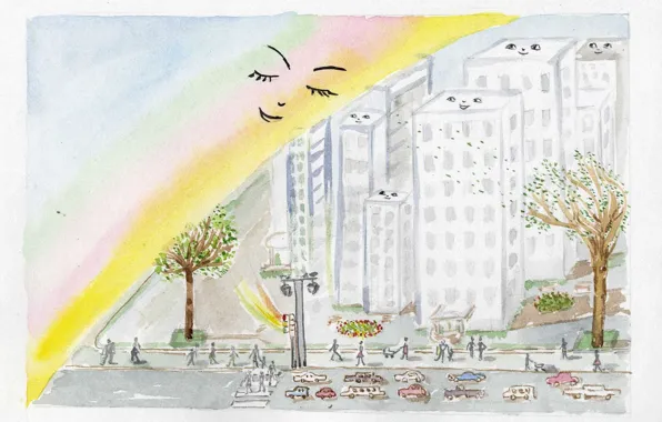 Картинка город, люди, рисунок, здания, радуга
