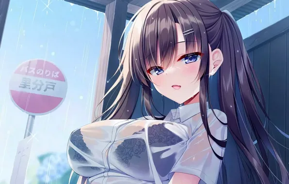 Картинка girl, lingerie, bra, rain, long hair, boobs, anime, beautiful