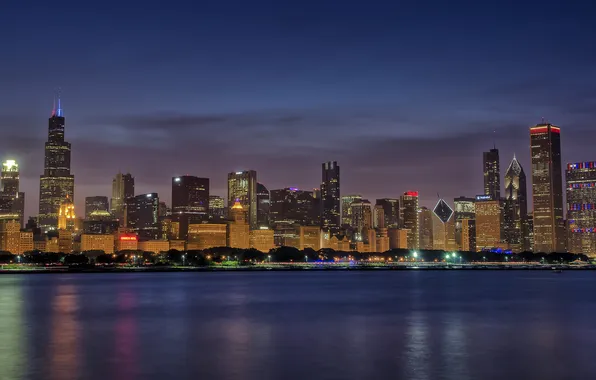 Город, огни, озеро, дома, Chicago, Skyline, Blue Hour, панорамма
