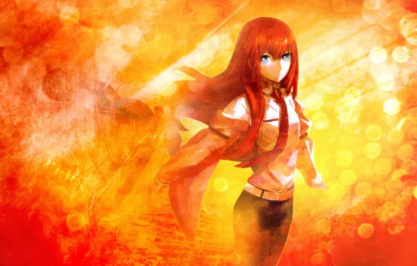 Девушка, огни, аниме, галстук, рубашка, ремень, халат, Makise Kurisu